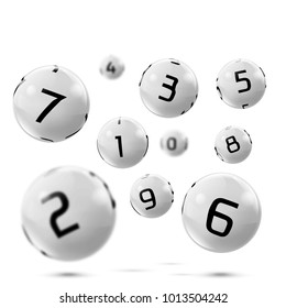 Vector lotto white balls with numbers. Falling lottery bingo gambling spheres. Snooker, billiard sport game realistic isolated illustration with reflections on white background.