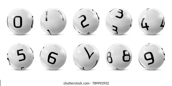 Vector lotto white balls with numbers. Lottery bingo gambling glossy spheres. Snooker, billiard sport game realistic isolated illustration with reflections on white background.