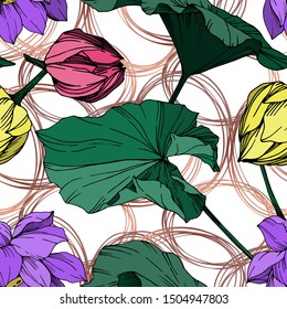 Vector Lotus floral botanical flower. Wild spring leaf wildflower isolated. Black and white engraved ink art. Seamless background pattern. Fabric wallpaper print texture.
