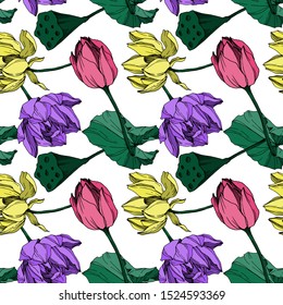 Vector Lotus floral botanical flower. Wild spring leaf wildflower isolated. Black and white engraved ink art. Seamless background pattern. Fabric wallpaper print texture.