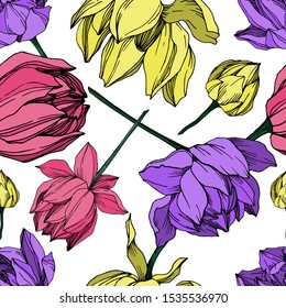 Vector Lotus floral botanical flower. Wild spring leaf wildflower isolated. Black and white engraved ink art. Seamless background pattern. Fabric wallpaper print texture.