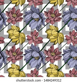 Vector Lotus floral botanical flowers. Wild spring leaf wildflower isolated. Engraved ink art. Seamless background pattern. Fabric wallpaper print texture.