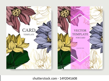 Vector Lotus floral botanical flowers. engraved ink art. Wedding background card decorative border. Thank you, rsvp, invitation elegant card illustration graphic set banner.