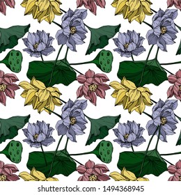 Vector Lotus floral botanical flowers. Wild spring leaf wildflower isolated. Black and white engraved ink art. Seamless background pattern. Fabric wallpaper print texture.