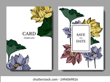 Vector Lotus floral botanical flowers. Black and white engraved ink art. Wedding background card decorative border. Thank you, rsvp, invitation elegant card illustration graphic set banner.