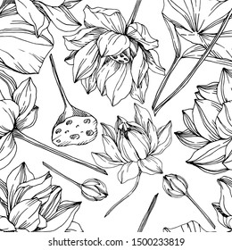 Vector Lotus floral botanical flowers. Wild spring leaf wildflower isolated. Black and white engraved ink art. Seamless background pattern. Fabric wallpaper print texture.