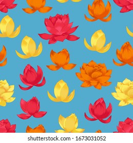 Vector lotus flower colorful seamless pattern on blue background