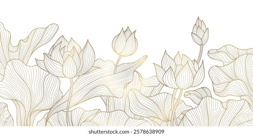Vector lotus flower gold background, line art floral pattern, Chinese gold and white wallpaper. Elegant nature drawing, asian leaf ornament