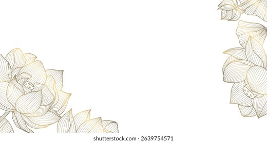 Vector lotus flower line frame, golden floral asian pattern. Wedding luxury line design, oriental spring decor, ornament