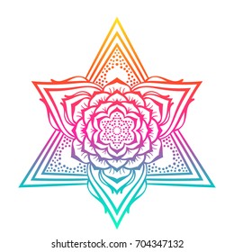 Vector lotus flower mandala in triangular pyramid rainbow colors, Magic symbol of alchemy, boho, astrology, Isolated design element for tattoo, T-shirt or any other decoration