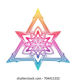 Vector lotus flower mandala in two triangles pyramid rainbow color, Magic symbol of alchemy, boho, astrology, Isolated design element for tattoo, T-shirt or any other decoration