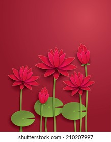 vector lotus flower on red background. paper art style