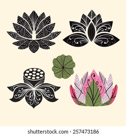 Vector Lotus flowers silhouettes. Set of vector Lotus hand-drawing - Illustration  on white background