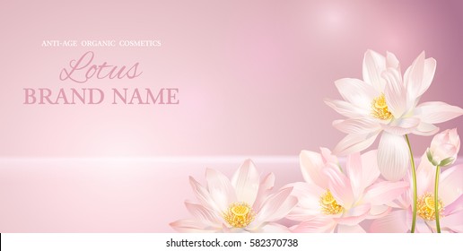 Vector lotus horizontal banner on pink smooth background. Design for natural cosmetics, health care products. With place for text and your product image. Font names included in the layers