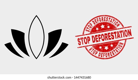 Vector lotus icon and Stop Deforestation stamp. Red round textured stamp with Stop Deforestation text. Vector composition for lotus in flat style. Black isolated lotus icon.