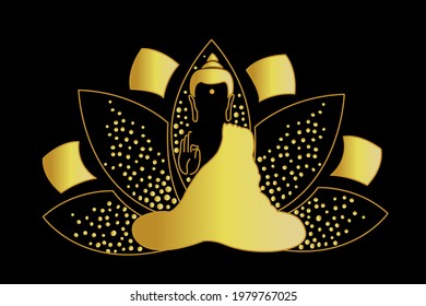 Vector Lotus and Lord Buddha. Symbol of gold buddha. Vesak day greeting background with lotus flower. Yoga, spirituality. Vector Golden Buddha silhouette