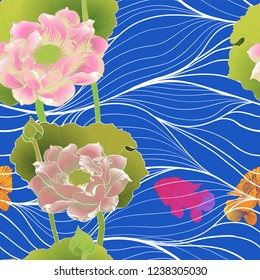 Vector. Lotus pans and buds and goldfish. Seamless background pattern. Perfume and cosmetic plants. Wallpaper. Decorative composition. Use printed materials, signs, posters, postcards, packaging.
