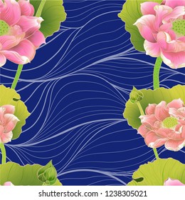 Vector. Lotus pans and buds. Seamless background pattern. Perfume and cosmetic plants. Wallpaper. Decorative composition. Use printed materials, signs, posters, postcards, packaging.
