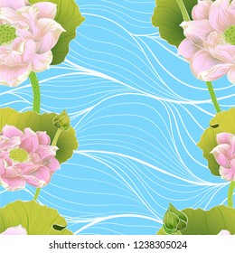 Vector. Lotus pans and buds. Seamless background pattern. Perfume and cosmetic plants. Wallpaper. Decorative composition. Use printed materials, signs, posters, postcards, packaging.