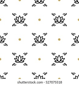 Vector lotus seamless floral pattern, yoga background, Flower lotus thin line art icons. Trendy black and gold elements on a white background. Business pattern style for a yoga studio, health center