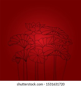 vector of lotus, waterlilly ,hydrophyte background. lotus flower drawing on red background