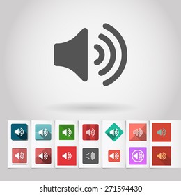 Vector loud volume sound speaker icon and big set of square flat web mobile buttons on paper background