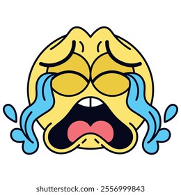 Vector Loudly Crying Face Emoji Cartoon Groovy Illustration Isolated