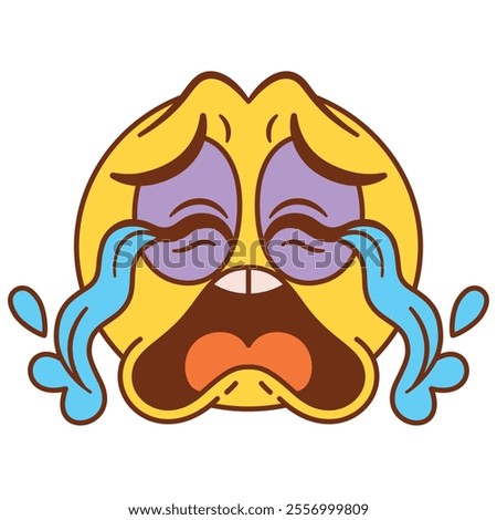 Vector Loudly Crying Face Emoji Cartoon Groovy Illustration Isolated