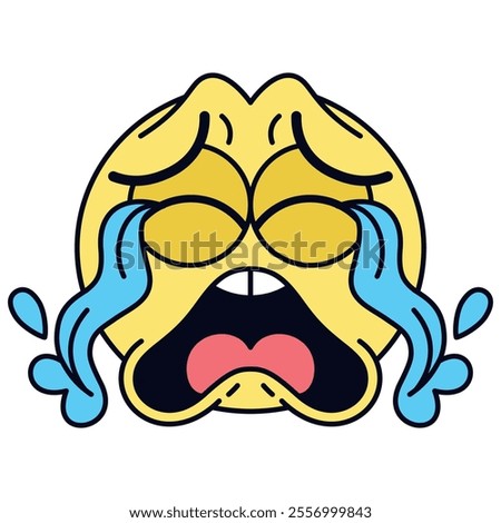 Vector Loudly Crying Face Emoji Cartoon Groovy Illustration Isolated