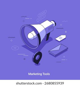 Vektorlautsprecher und digitale Marketingelemente für moderne isometrische Business Concept Illustration. Internet-Werbung und Werbe-Tools für Unternehmen.