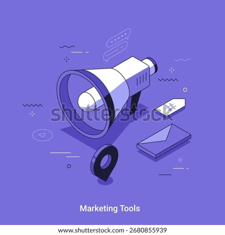 Vector loudspeaker and digital marketing elements for modern isometric business concept illustration. Internet promotion and advertising tools for company.
