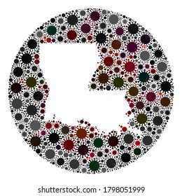 Vector Louisiana State map collage of SARS virus. Infection attacks the quarantine territory from external zone. Hole round Louisiana State map collage formed with infection icons.