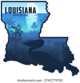 vector Louisiana sticker design with brown pelican and swamp wetland sea coast