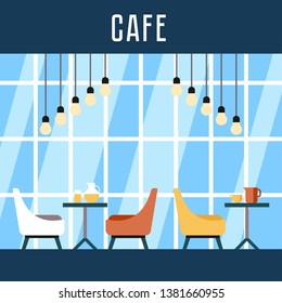 Vector Lounge Area, Armchairs in Room Cartoon. Resource Sharing Model to Reduce Operating Costs. Modern Style for Coworking in Cafe. Panoramic Window and Minimalist Style Furniture.
