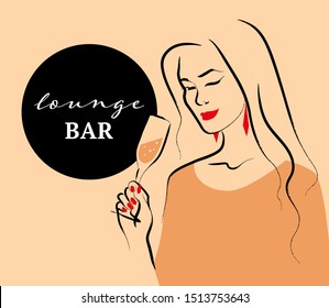 Vector lounge bar concept with hand drawn portrait of young beautiful lady hold wine glass on light background. Hand drawn sketch minimal style. Concept ladies night party, bar, happy cocktail hour.