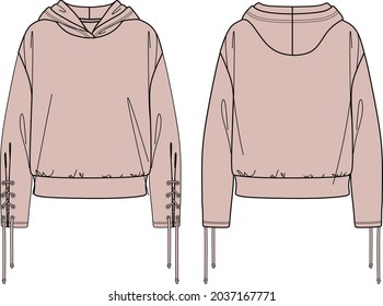 Vector Lounge mit Pullover Sweatshirt Mode CAD, Sport Frau lange Schlitten Sweatshirt mit Augenlider Detail technische Zeichnung, Vorlage, Skizze, flach. Jersey oder gewebte Stoffhoody mit Vorder-, Rückseite, weiß