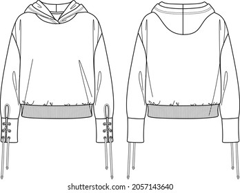 Vector lounge hooded sweatshirt fashion CAD, sport woman long sleeved sweatshirt with eyelets detail technical drawing, template, sketch, flat. Jersey or woven fabric hoody with front, back view, white background.