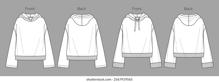 Vector lounge hooded sweatshirt fashion CAD, sport woman long sleeved sweatshirt with rib detail technical drawing, template, sketch, flat. Fleece or Terry fabric hoody with front, back view, white