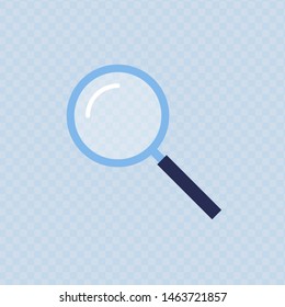 Vector loupe flat illustration. Blue and black magnifying glass with gray lense isolated on transparent background. Concept of science analytics instrument, detective, focus, magnification.