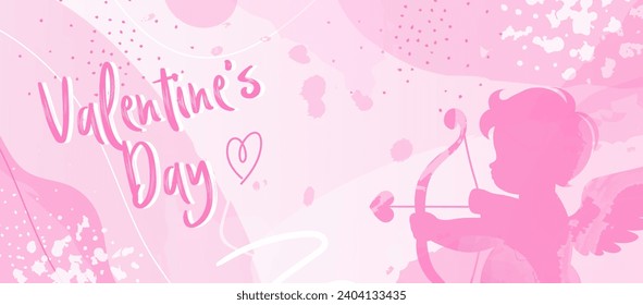 Vector Love Abstract Background - A Pink Valentine's Day Banner with Heartfelt Illustration of Baby Cupid  Silhouette and Love in the Air.