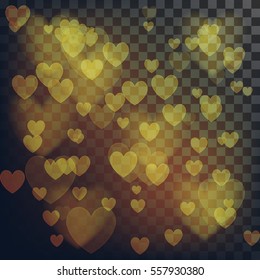 Vector love abstract background. Shiny hearts bokeh light Valentine's day on transparency grid.