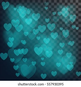 Vector love abstract background. Shiny hearts bokeh light Valentine's day on transparency grid.