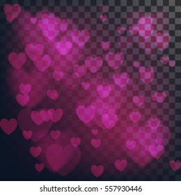 Vector love abstract background. Shiny hearts bokeh light Valentine's day on transparency grid.