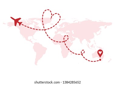 Vector love airplane route. Air plane flight route with start point and dash line trace. Romantic travel, heart dashed path on world map background.