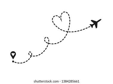 Vector love airplane route. Air plane flight route with start point and dash line trace. Romantic travel, heart dashed path isolated on transparent background.