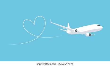 Vector love airplane route. Air plane flight route with line trace. Romantic travel, heart dashed path isolated on blue background.