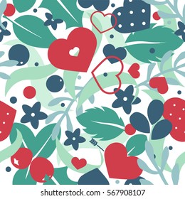 Vector love background with hearts and flowers. Creative seamless pattern design for gift wrapping paper, party invitation, greeting card, wallpaper or web header foreground