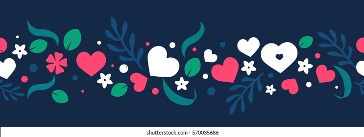 Vector love background with hearts and flowers. Creative seamless ornament design for greeting card, banner or web header decoration