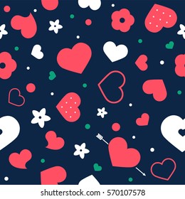 Vector love background with hearts and flowers. Creative seamless pattern design for gift wrapping paper, party invitation, greeting card, wallpaper or web header foreground