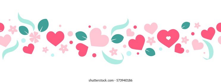 Vector love background with hearts and flowers. Creative seamless ornament design for greeting card, banner or web header decoration